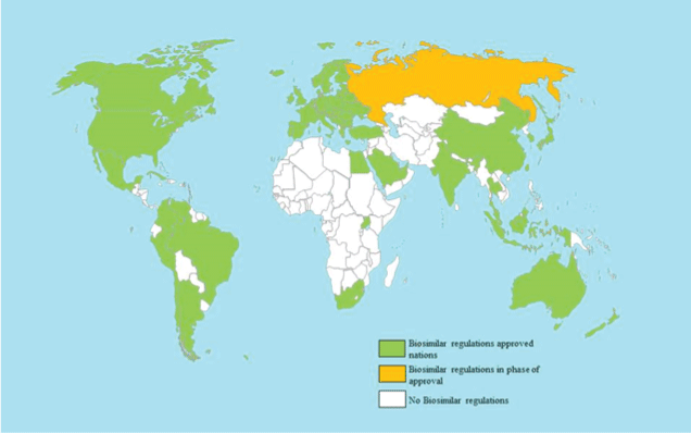 figure 1 world map showing countries that nowadays have biosimilar guidelines green which includes usa canada europe including icelandsweden and